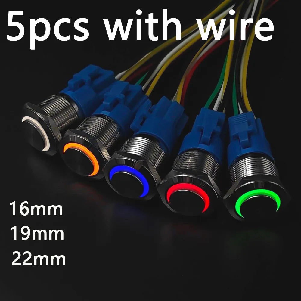 5 pcs Metal Push Button Switch Waterproof Momentary Latching 16mm 19mm 22mm Ring Lamp   LED Light 5V 6V 12V 24V 220V Red Blue