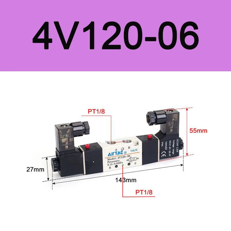 AirTAC 4V120-06 4V220-08 4V320-10 4v420-15 Solenoid Valve Air Valve Two Position Five Way Reversing Valve 12V 24V 110V 220V