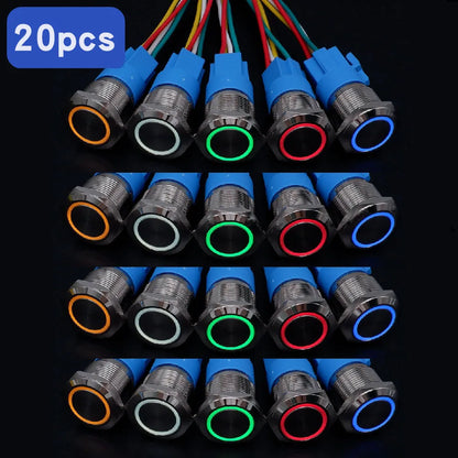 20pcs Metal Push Switch LED Light 16mm 19mm 22mm Momentary Latching With Socket Waterproof Button Car Start Switch 5V 12V 220V