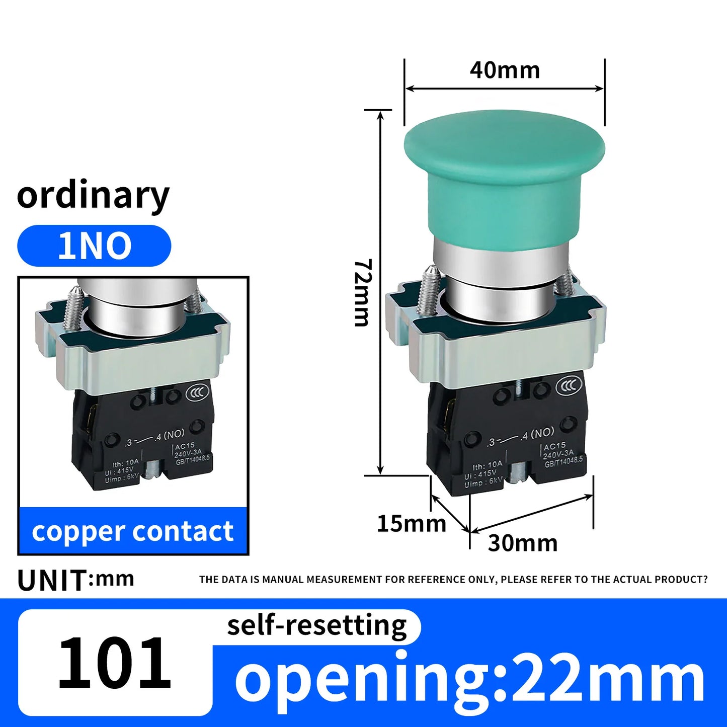 10Pcs 22mm Spring Return Push Button Switch,for Home or Industrial Equipment, Operating Rooms, Distribution Boxes.