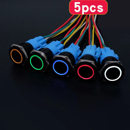 5pcs 16mm 19mm 22mm Metal Push Button Switch Momentary Latching Led Light Flat Head Red Blue Green Yellow White 5V 12V 24V 220V