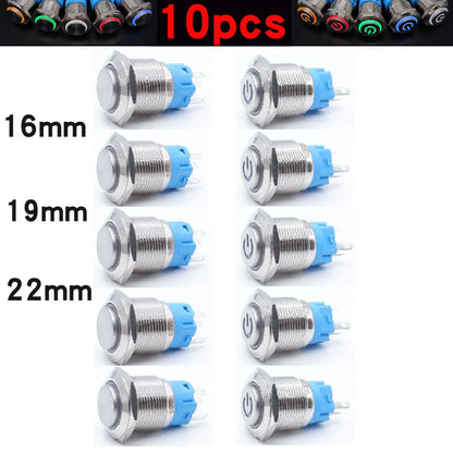Botón Pulsador Metálico (10 pzas) 16/19/22mm, LED, Momentáneo/Enclavable, 5V/12V/220V