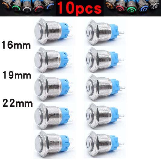 10pcs 16mm 19mm 22mm Metal Push Button Switch with Fixed PC Power Supply Switches Car Engine Momentary Latching LED 5v 12v 220v