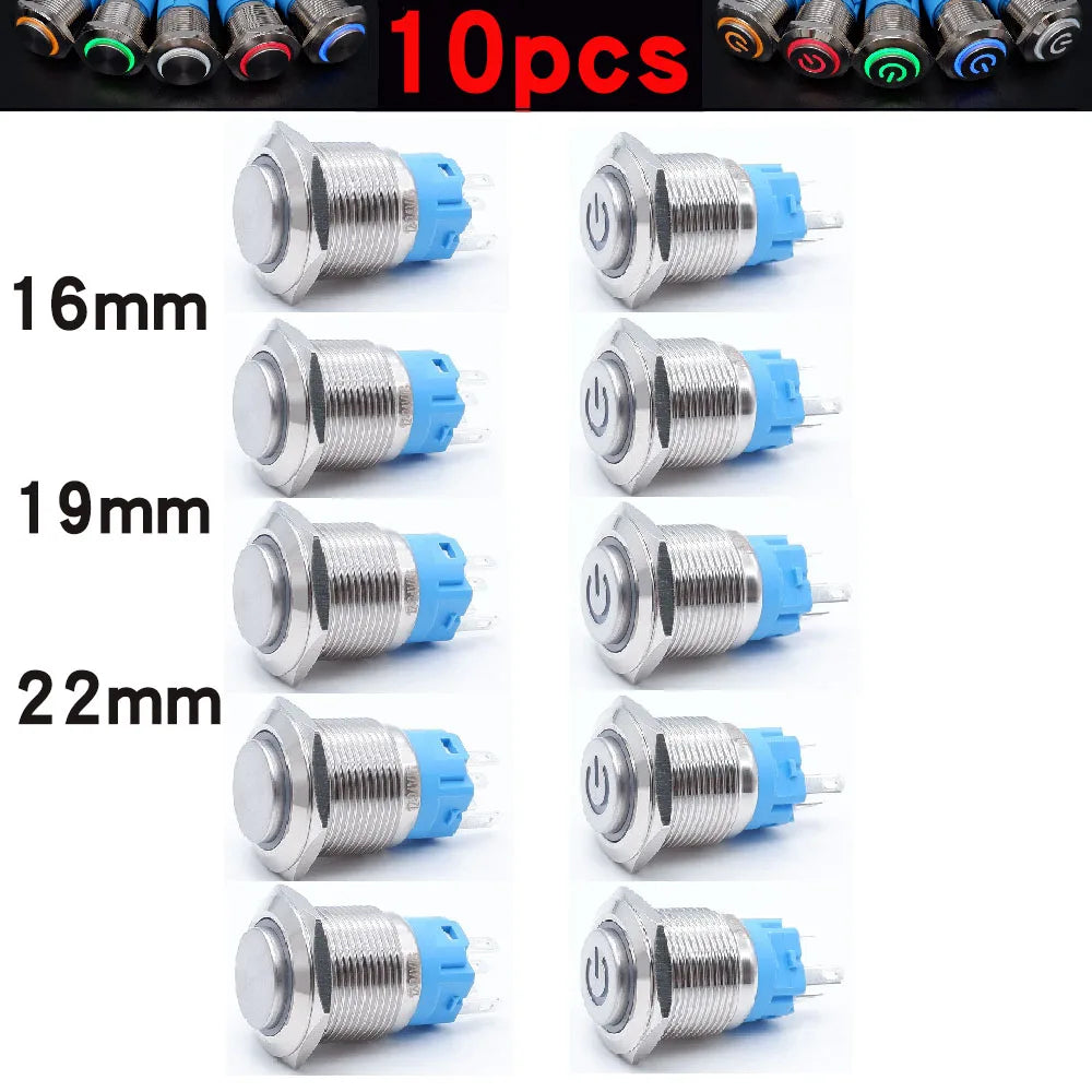 10pcs 16mm 19mm 22mm Metal Push Button Switch with Fixed PC Power Supply Switches Car Engine Momentary Latching LED 5v 12v 220v