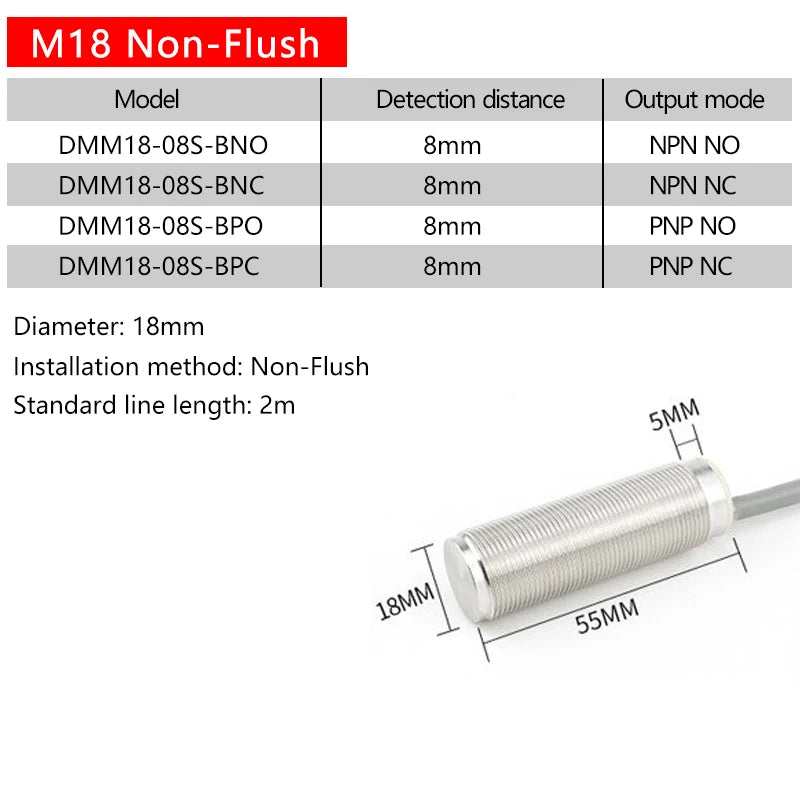 M18 all-metal sensing surface proximity switch sensor three-wire 24V stainless steel integrated pipe piece NPN open type PNP