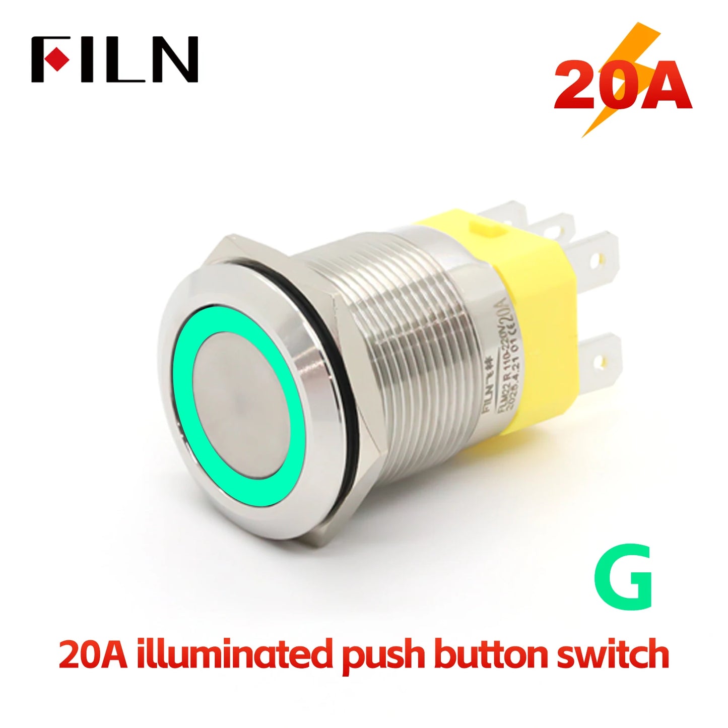 FILN IP67 22mm 20A Waterproof Metal Button Stainless Steel Push Button Switch 12V 24V 110V 220V High Current Flat Ring Round
