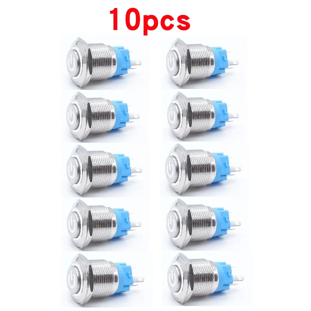 10pcs 16mm 19mm 22mm Metal Push Button Switch with Fixed PC Power Supply Switches Car Engine Momentary Latching LED 5v 12v 220v