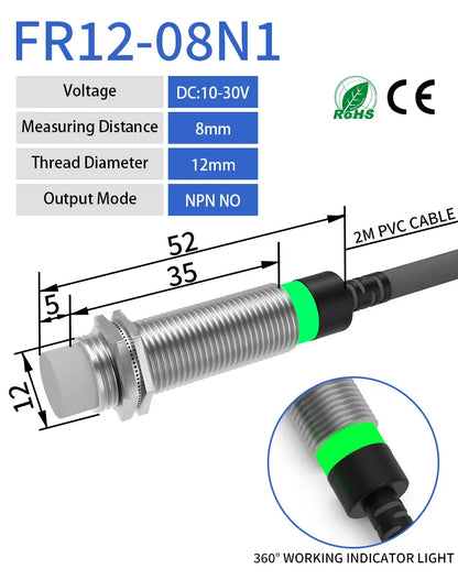 GTRIC Long Distance Inductive Sensor Metal Proximity Switch M12 NPN PNP NO NC 10-30V DC Flush Non-Flush Sensing Range 4mm 8mm