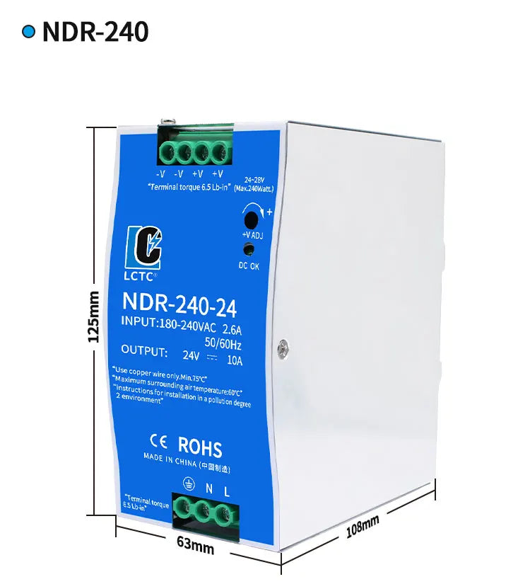 LCTC Switching Power Supply NDR-75W 120W 240W 480W Industrial DIN Rail 12V 24V 48V AC/DC Single Output Power Transformer