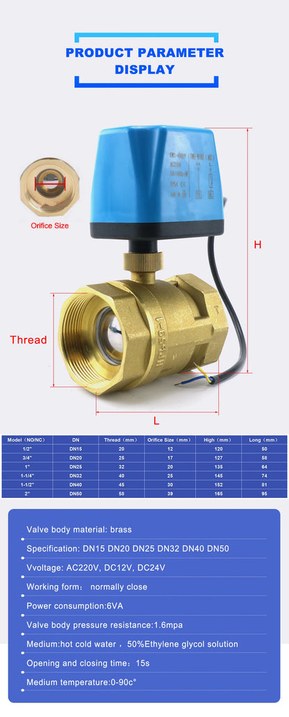 Válvula de Bola Motorizada Normalmente Cerrada 1/2"-2" (DN15-DN32), Latón, 2 Hilos, 12V/24V/220V