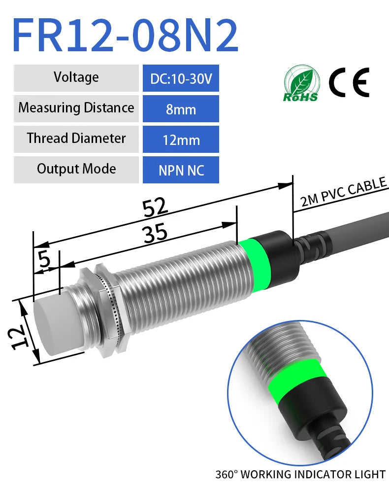 GTRIC Long Distance Inductive Sensor Metal Proximity Switch M12 NPN PNP NO NC 10-30V DC Flush Non-Flush Sensing Range 4mm 8mm