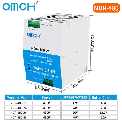 OMCH NDR Series 75/120/150/240/480W AC to DC Din-rail Switching Power Supply 100-240 or 200-240VAC Input 12V/24V/36V/48V Output