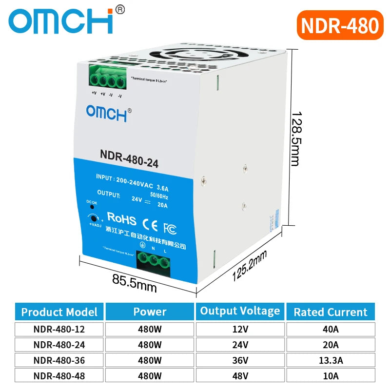 OMCH NDR Series 75/120/150/240/480W AC to DC Din-rail Switching Power Supply 100-240 or 200-240VAC Input 12V/24V/36V/48V Output