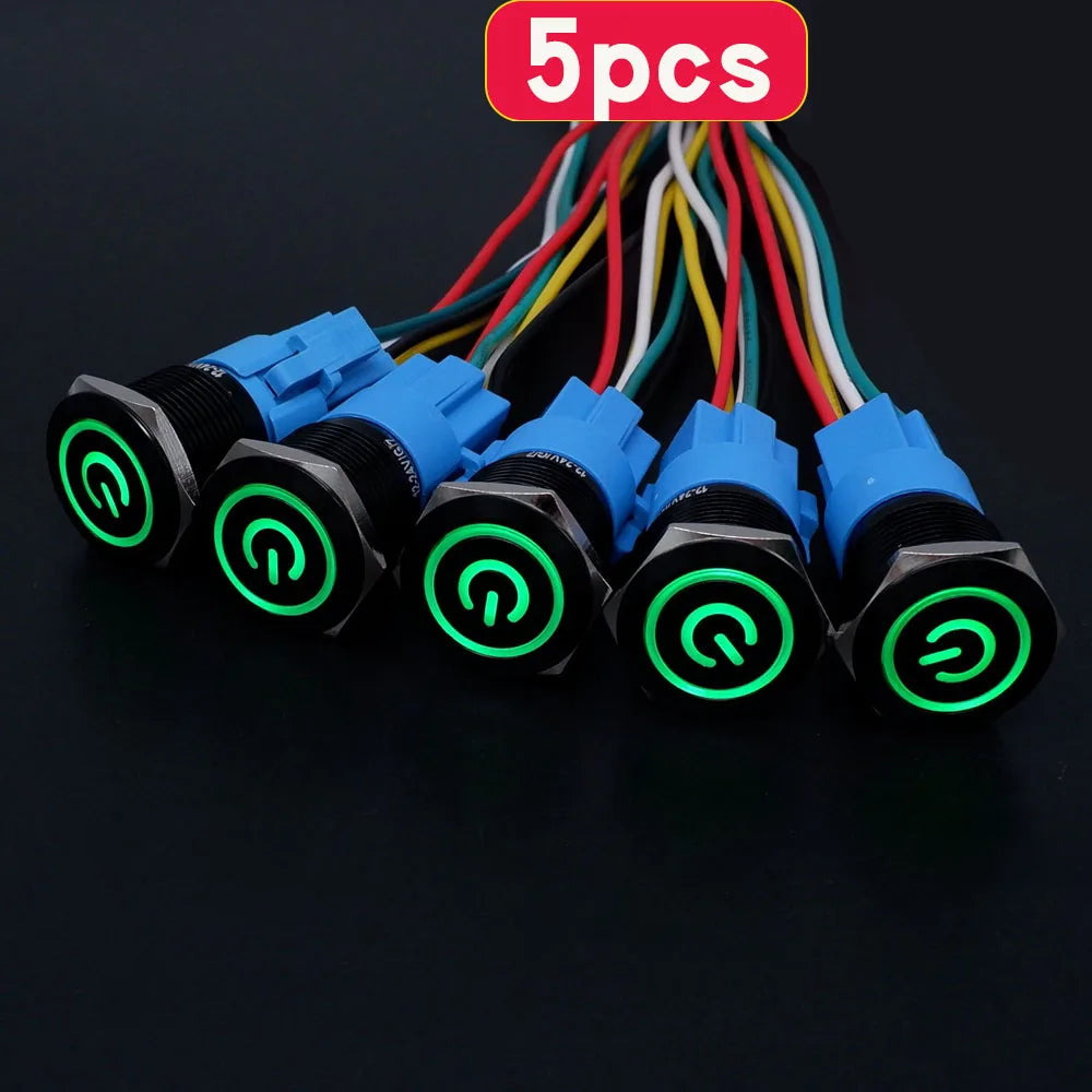 5pcs 16mm 19mm 22mm Metal Push Button Switch Momentary Latching Led Light Flat Head Red Blue Green Yellow White 5V 12V 24V 220V