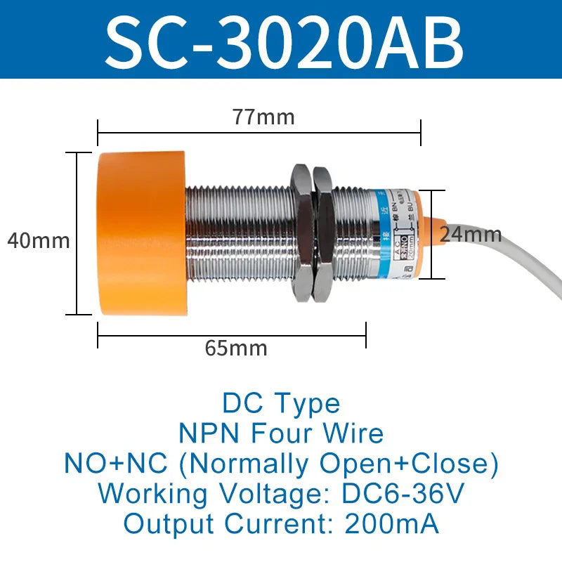 1.1 Meters Inductive Proximity Switch Sensor Waterproof SC-3020A Three Wire NPN PNP NO NC 24V DC AC M40 20mm