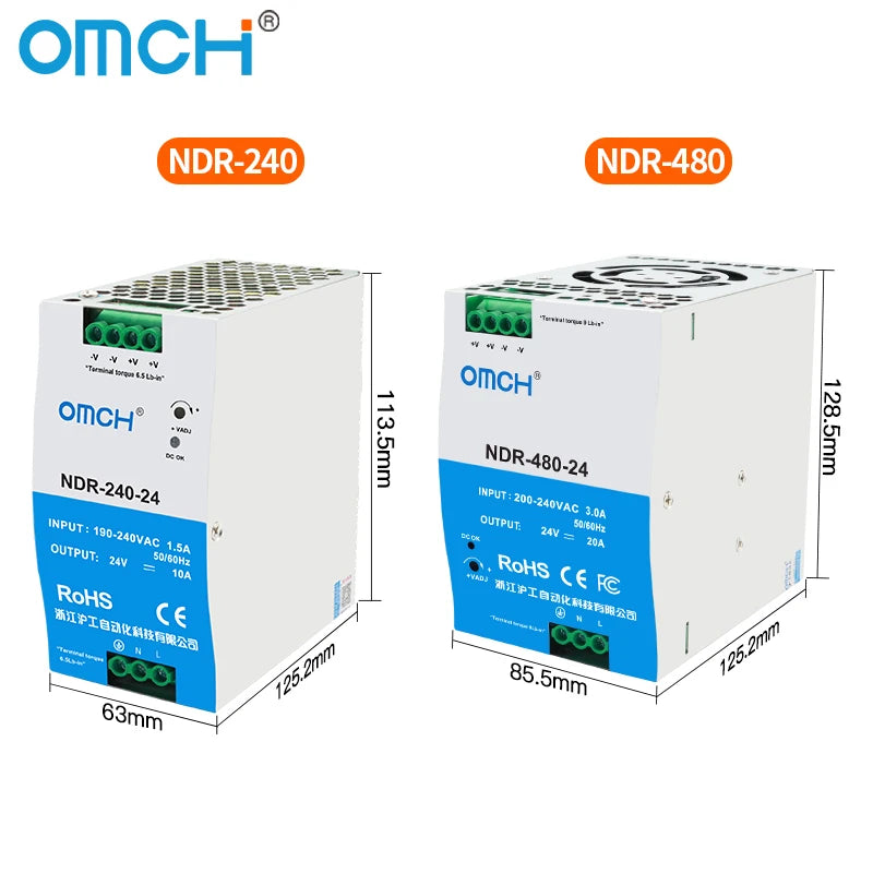 OMCH NDR Series 75/120/150/240/480W AC to DC Din-rail Switching Power Supply 100-240 or 200-240VAC Input 12V/24V/36V/48V Output