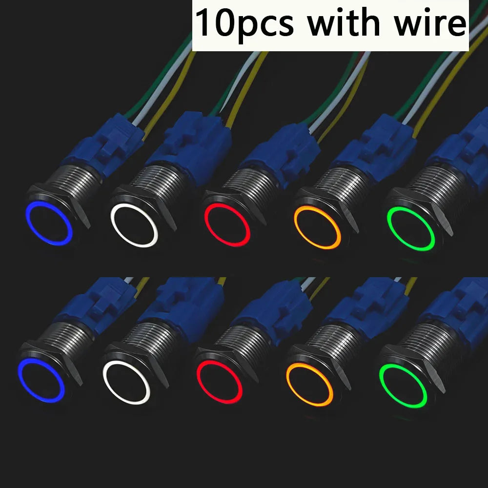10pcs Momentary Switch 12v Metal Push Button Latching 16mm 19mm 22mm Red Blue LED Light Start Stop PC Power 3v 5v 6v 24v 220v