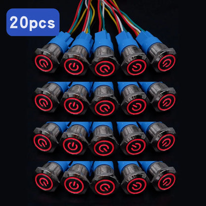 Botón Pulsador Metálico con Zócalo (20 pzas) 16/19/22mm, LED, Momentáneo/Enclavable, Impermeable, 5V-220V