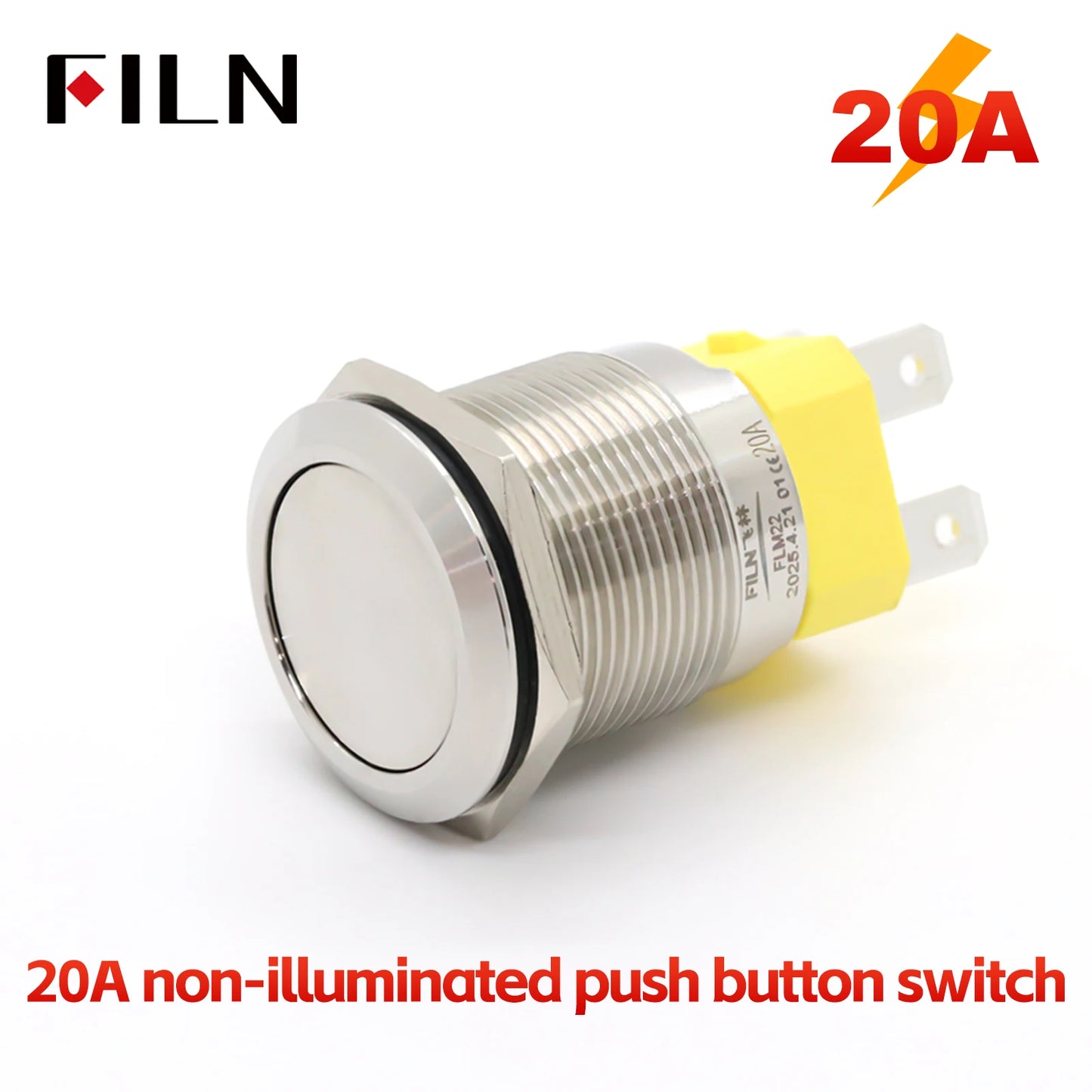 FILN IP67 22mm 20A Waterproof Metal Button Stainless Steel Push Button Switch 12V 24V 110V 220V High Current Flat Ring Round