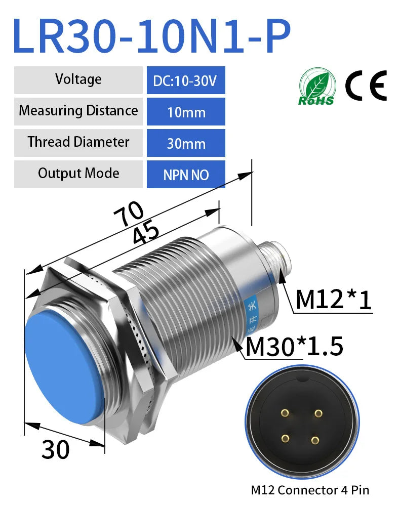 GTRIC Inductive Proximity Sensor M30 Series M12 4pins Plug-in Connector Type NPN PNP Flush Industrial Non-contact Metal Switch