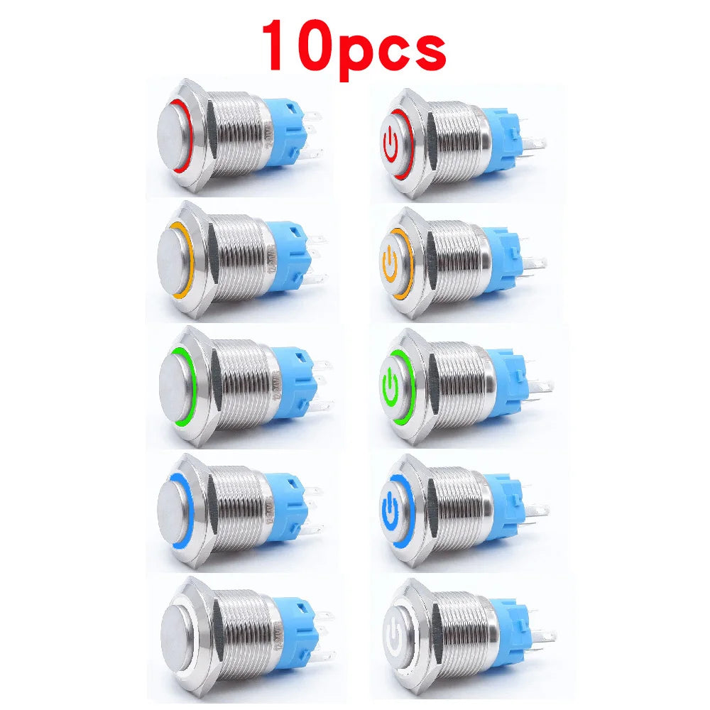 10pcs 16mm 19mm 22mm Metal Push Button Switch with Fixed PC Power Supply Switches Car Engine Momentary Latching LED 5v 12v 220v