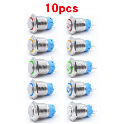 10pcs 16mm 19mm 22mm Metal Push Button Switch with Fixed PC Power Supply Switches Car Engine Momentary Latching LED 5v 12v 220v