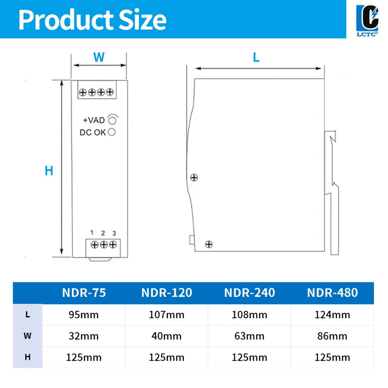 LCTC Switching Power Supply NDR-75W 120W 240W 480W Industrial DIN Rail 12V 24V 48V AC/DC Single Output Power Transformer