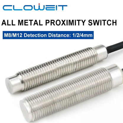 Cloweit M8/M12 All Metal Encapsulated Proximity Switch Sensor Inductive Three Wire NPN Normally Open