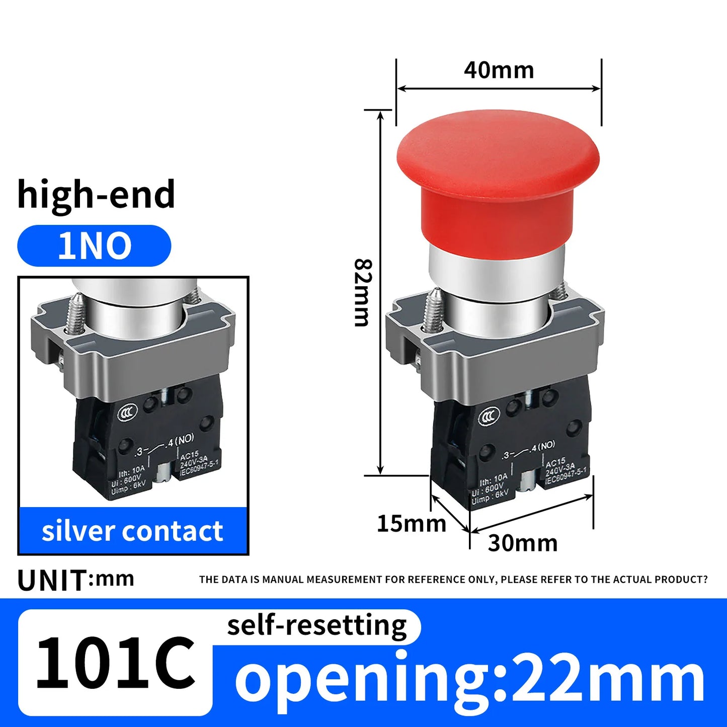 10Pcs 22mm Spring Return Push Button Switch,for Home or Industrial Equipment, Operating Rooms, Distribution Boxes.