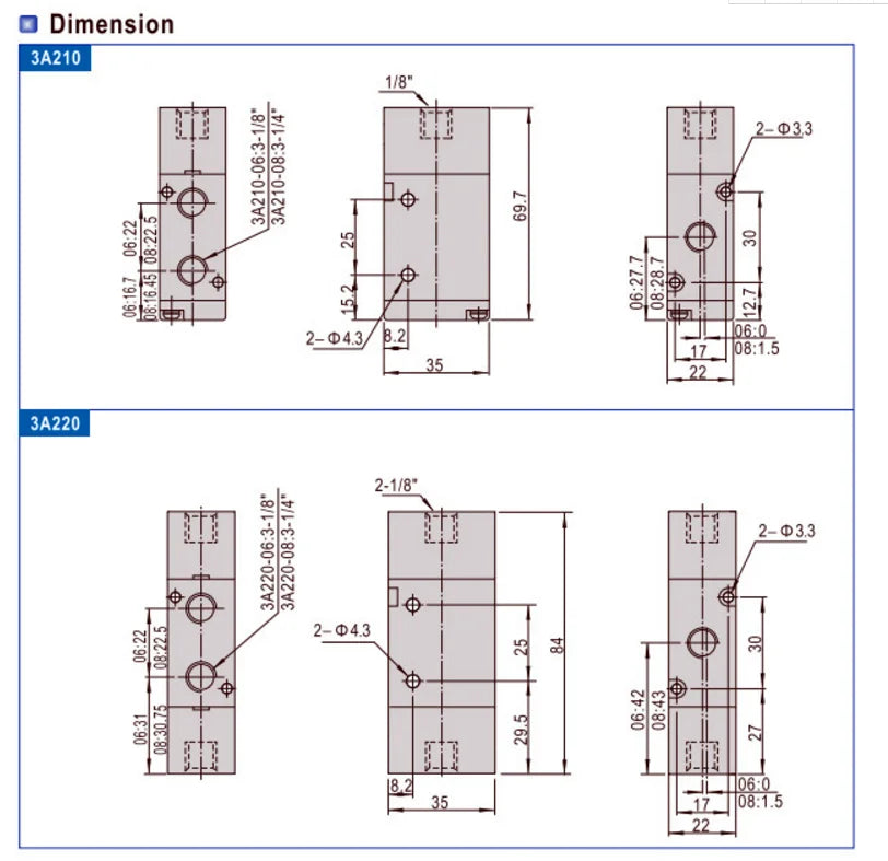 Pneumatic Piloted Air Control valve 3A110-06 3A210-08 3A310-08/10  3 Port 2 position 1/8 1/4 bsp 3/8 1/2 3A410-15 3/2 Way NC