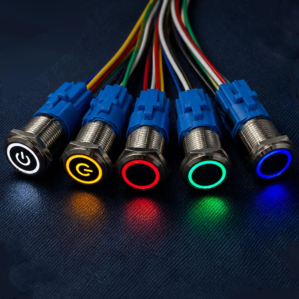 10pcs Momentary Switch 12v Metal Push Button Latching 16mm 19mm 22mm Red Blue LED Light Start Stop PC Power 3v 5v 6v 24v 220v