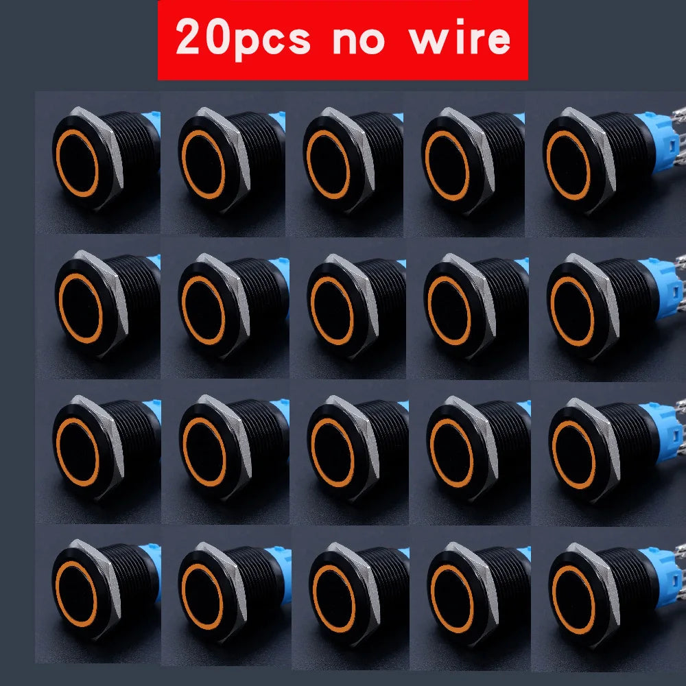 20pcs 16mm 19mm 22mm Metal Push Button Switch LED Ring Power Light Momentary Latching Waterproof  5V 12V 24V 220V Black 1NO1NO