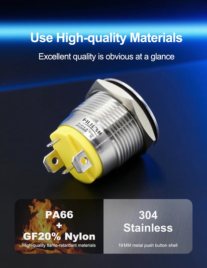FILN IP67 22mm 20A Waterproof Metal Button Stainless Steel Push Button Switch 12V 24V 110V 220V High Current Flat Ring Round