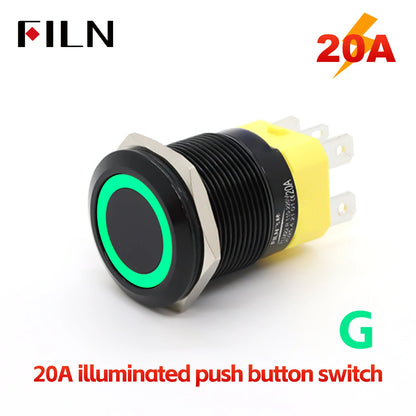 FILN IP67 22mm 20A Waterproof Metal Button Stainless Steel Push Button Switch 12V 24V 110V 220V High Current Flat Ring Round