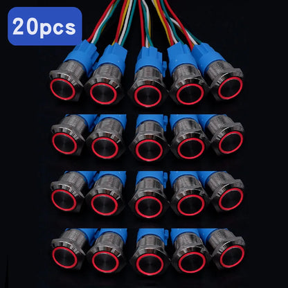 Botón Pulsador Metálico con Zócalo (20 pzas) 16/19/22mm, LED, Momentáneo/Enclavable, Impermeable, 5V-220V