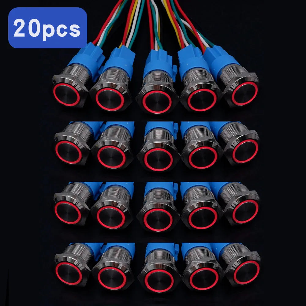 20pcs Metal Push Switch LED Light 16mm 19mm 22mm Momentary Latching With Socket Waterproof Button Car Start Switch 5V 12V 220V