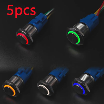Botón Pulsador Metálico (5 pzas) 16/19/22mm, Momentáneo/Enclavable, Anillo LED, 5V-220V, Impermeable