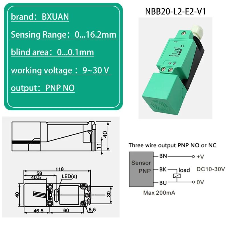 BXUAN Square inductive sensor with a detection distance of 20mm, three wire four wire output NPN PNP AC NO NC
