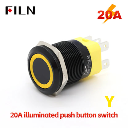 FILN IP67 22mm 20A Waterproof Metal Button Stainless Steel Push Button Switch 12V 24V 110V 220V High Current Flat Ring Round